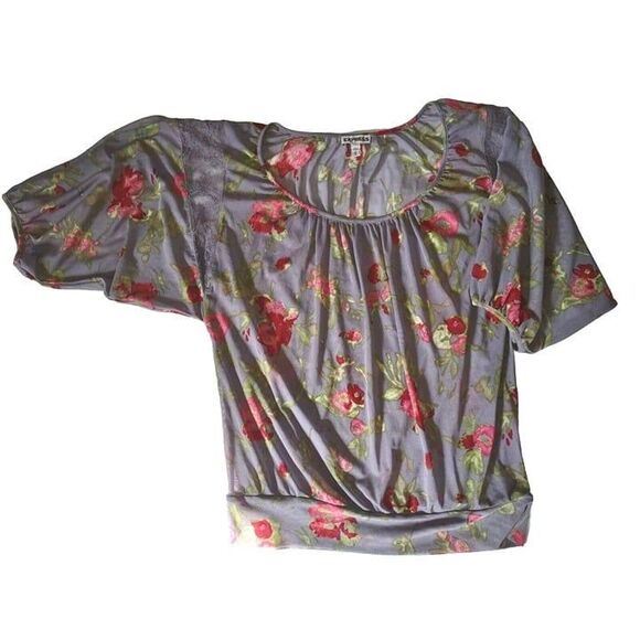 5/$25 Sz Med Express Sheer & Lace Mesh Top Floral Puff Sleeves Pinks Purple - Picture 3 of 11